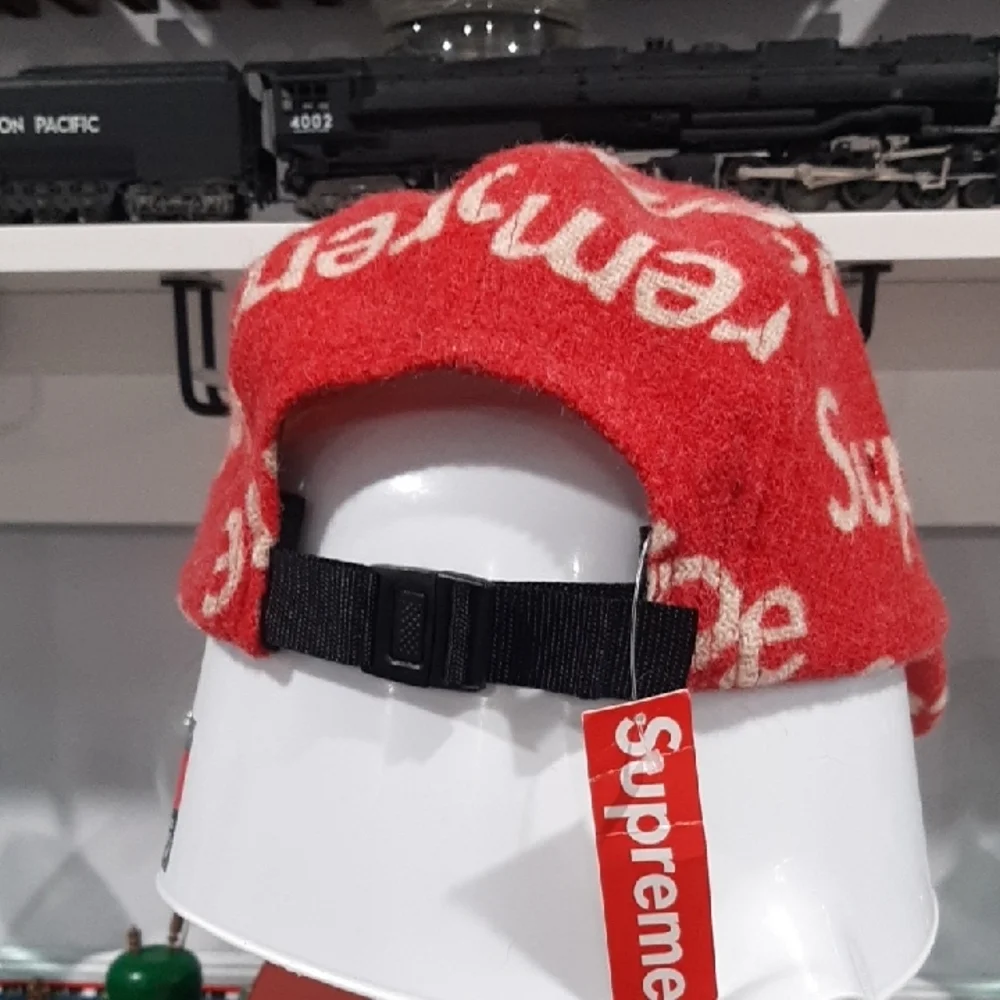 Supreme Red Wool Logo Camp Cap with White All-Over Branding